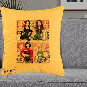 Perna Personalizata K-pop BLACKPINK Fanart Manga Benzi Desenate 4 Membre, 40x40 cm, Galben, Husa Detasabila, Perna Inclusa, BEKZ®