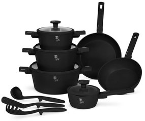 Set oale si tigai cu capace 15 Matte Black Piese Berlinger Haus BH 8198, negre, antiaderente, compatibile inductie