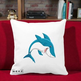 Perna Decorativa Rechin Albastru Cartoon, 40x40 cm, Alba Mata, Husa Detasabila, Perna Inclusa, BEKZ®