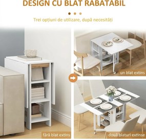 HOMCOM Masă Pliabilă Rabatabilă cu Roți, 2 Părți Rabatabile și Rafturi, 120x60x75 cm, Alb | Aosom Romania