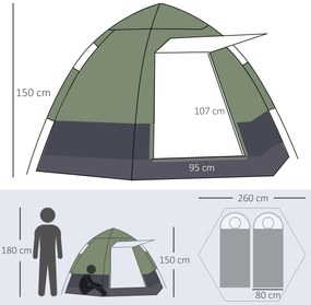 Outsunny Cort pop-up cort de camping 3-4 pers. cort cupolă impermeabilizat ușor ventilat ușor de montat 2 uși mari dim. 2,6L x 2,6l x 1,5H m fibră de sticlă poliester oxford verde gri | Aosom Romania