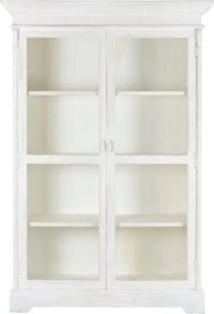 Vitrină vintage din lemn masiv de mango, alb, cu 2 uși vitrate, 3 rafturi și console sculptate, finisaj patinat, 209 x 140 x 55 cm, „Blanco”