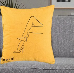 Perna Decorativa Picioare cu Tocuri Line Art, 40x40 cm, Galben, Husa Detasabila, Perna Inclusa, BEKZ®