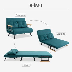 HOMCOM Canapea Dubla Extensibila 3 in 1 Catifea cu Spatar Reglabil pe 5 Niveluri si Perne Capitonate, Verde marin | Aosom Romania