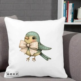 Perna Decorativa Pasare Teal cu Fundita cu Buline, 40x40 cm, Alba Mata, Husa Detasabila, Perna Inclusa, BEKZ®