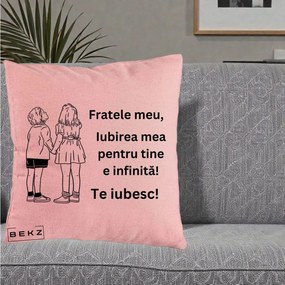 Cadou pentru Frate - Perna Personalizata Fratele Meu Te Iubesc Copii Tinand Maini Line Art, 40x40 cm, Roz, Husa Detasabila, Perna Inclusa, BEKZ®