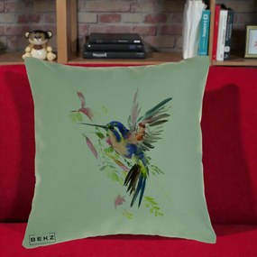 Perna Decorativa Colibri Acuarela, 40x40 cm, Verde, Husa Detasabila, Perna Inclusa, BEKZ®
