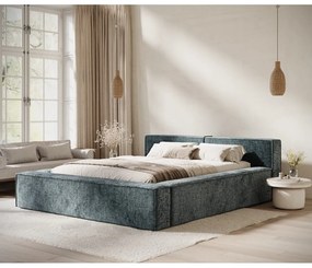 Pat matrimonial albastru prăfuit tapițat cu spațiu de depozitare cu somieră 200x200 cm Voliera – Maison de Rêve