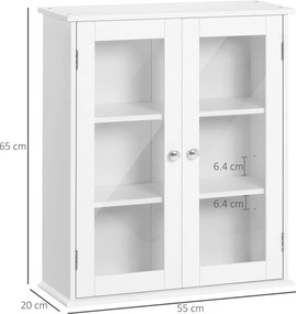 Kleankin Dulap de Baie Suspendat cu 2 Uși din Lemn și Sticlă, Dulap de Perete Multifuncțional, 55x20x65 cm, Alb | Aosom Romania