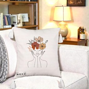 Perna Decorativa Portret Feminin Coroana Trei Flori, 40x40 cm, Bej cu Franjuri, Husa Detasabila, Perna Inclusa, BEKZ®