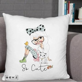 Perna Decorativa So Cute Fata Fashion, 40x40 cm, Alb Pufos, Husa Detasabila, Perna Inclusa, BEKZ®