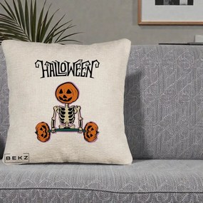 Perna Decorativa Halloween Schelet cu Cap de Dovleac Powerlifting, 40x40 cm, Bej Canapea, Husa Detasabila, Perna Inclusa, BEKZ®