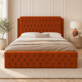 Pat tapițat Chesterfield din catifea Aveline Deluxe 140×200 cm, cărămiziu, cu ladă de depozitare