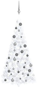 Set brad Craciun artificial jumatate cu LEDgloburi alb 240 cm 1, Alb si gri, 240 cm