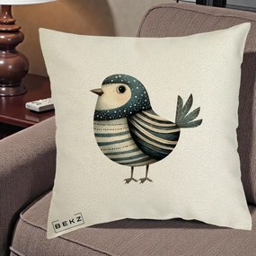 Perna Decorativa Pasare Teal Decorativa Dungata, 40x40 cm, Ecru, Husa Detasabila, Perna Inclusa, BEKZ®