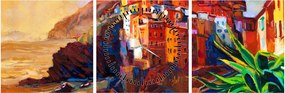 Tablou - Satul de coastă Cinque Terre, Riviera italiană, impresionismul modern (cu ceas) (90x30 cm)
