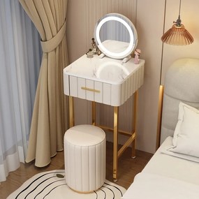 Set Seraphine, Masă de toaletă pentru machiaj, minimalistă, cu oglindă iluminată LED, control touch, sertar și taburet, Bej