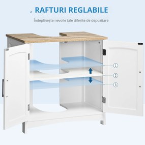 kleankin Dulap Sub Lavoar Baie cu 2 Uși și Raft Reglabil Alb și Lemn | Aosom Romania