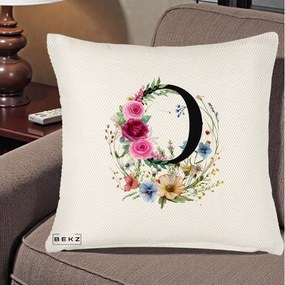Cadou Personalizat - Perna Personalizata Monogram Litera O cu Flori Acuarela, 40x40 cm, Crem Reliefat, Husa Detasabila, Perna Inclusa, BEKZ®