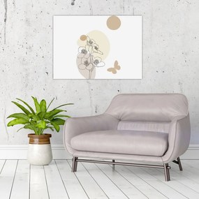 Tablou pe sticlă - Flori bej cu fluture N⁰4 (70x50 cm)