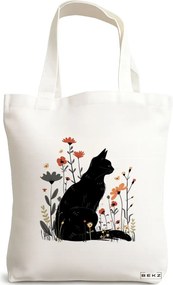 Sacosa de Panza pentru Cumparaturi, Geanta Tote, model Cat and Flowers 6, 38 x 34.5 cm, Alba, BEKZ®