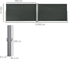 Outsunny Perdea Laterală Retractabilă cu Mâner, Paravan din Metal și Poliester 180 g/m², Anti-UV, pentru Intimitate Exterior, pentru Balcon Grădină, 600x180 cm, Gri | Aosom Romania