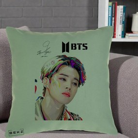 Perna Personalizata K-pop BTS Jimin Portret Artistic Multicolor cu Autograf, 40x40 cm, Verde, Husa Detasabila, Perna Inclusa, BEKZ®