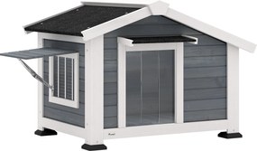 PawHut Căsuță pentru câini rezistentă la intemperii din lemn cu podea detașabilă, acoperiș din asfalt, fereastră rabatabilă 98x76x69,5 cm gri | Aosom Romania