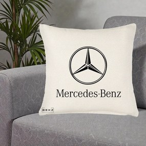 Perna Personalizata cu emblema Mercedes-Benz, 40x40 cm, Crem Reliefat, Husa Detasabila, Perna Inclusa, BEKZ®