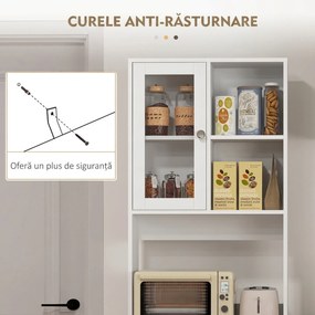 HOMCOM Servantă Înaltă de Bucătărie cu Uși din Sticlă, 2 Rafturi Deschise, 4 Sertare, Rafturi Reglabile, 60x35x180 cm, Alb | Aosom Romania