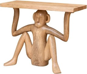 Măsuță laterală din lemn masiv de mango, natur, cu blat dreptunghiular susținut de o sculptură de maimuță cioplită manual, finisaj natural,