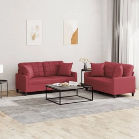 vidaXL Set de canapele cu perne, 2 piese, roșu vin, piele ecologică