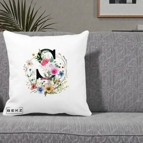 Cadou Personalizat - Perna Personalizata Monogram Litera S cu Flori Acuarela, 40x40 cm, Alba Mata, Husa Detasabila, Perna Inclusa, BEKZ®