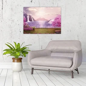 Tablou cu pomi roz cu lac (70x50 cm), în 40 de alte dimensiuni noi