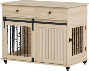 PawHut Cușcă pentru câini pe roți, 2 uși, 2 sertare, pentru câini medii și mari, lemn, oțel | Aosom Romania