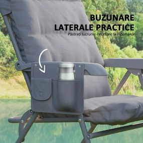 Outsunny Scaun de Camping Pliabil cu Spătar Înalt Reglabil în 5 Poziții și Buzunare Laterale, 66x58x105 cm, Gri Deschis | Aosom Romania