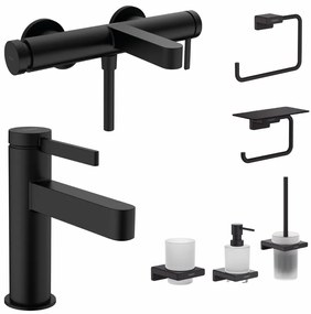 Set baterie cada si baterie lavoar Hansgrohe Finoris cu accesorii baie Hansgrohe AddStoris