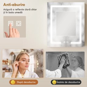 HOMCOM Dulap Baie cu Oglindă și LED, 50x15x60 cm, Anti-Aburire, Rafturi Reglabile, 3 Temperatură de Lumină, Dulap Suspendat din MDF, Alb | Aosom Romania