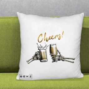 Perna Decorativa Halloween Cheers Schelete cu Bere, 40x40 cm, Alb Pufos, Husa Detasabila, Perna Inclusa, BEKZ®