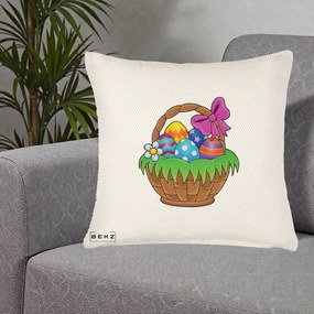 Perna Decorativa Cos cu Oua de Pasti Colorat, 40x40 cm, Crem Reliefat, Husa Detasabila, Perna Inclusa, BEKZ®