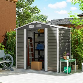 Outsunny Magazie de Grădină din Tablă de Oțel cu 4 Orificii de Ventilație și 2 Uși Glisante, 213x120x194 cm, Gri Închis | Aosom Romania