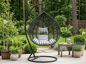 Scaun suspendat negru KOKON cu suport, perna alb-gri