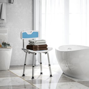 HOMCOM Scaun de Duș din Aluminiu și EVA, Reglabil pe 6 Niveluri, cu Spătar Curbat, 51,5x49,5x68,5-81 cm, Albastru Deschis și Alb | Aosom Romania