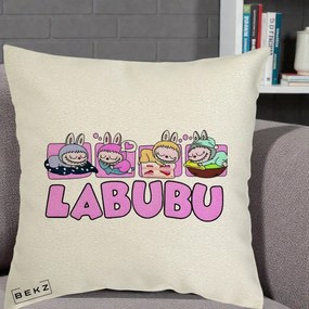 Perna Personalizata Labubu Sleeping Quad, 40x40 cm, Ecru, Husa Detasabila, Perna Inclusa, BEKZ®