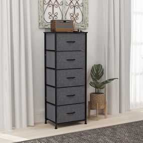 HOMCOM Comodă 5 sertare mobilier de depozitare sertar din material pliabil - structură din oțel negru - 45 x 30 x 116 cm gri închis | Aosom Romania