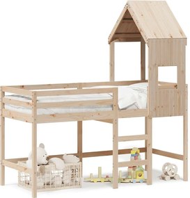 vidaXL Pat etajat cu scară și acoperiș, alb, 90x190 cm, lemn masiv pin