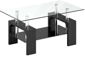 HOMCOM Măsuță de Cafea Modernă cu 2 Nivele din Lemn și Oțel cu Blat din Sticlă Temperată, 90x50x42 cm, Negru | Aosom Romania