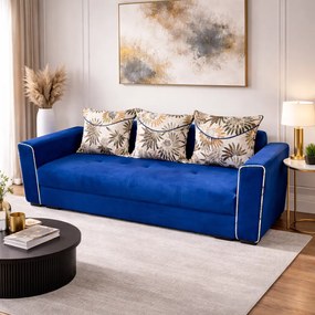 Canapea LILI extensibila, 3 locuri, cu lada de depozitare, culoare albastru regal , 220x95x80 Albastru Regal, Catifea