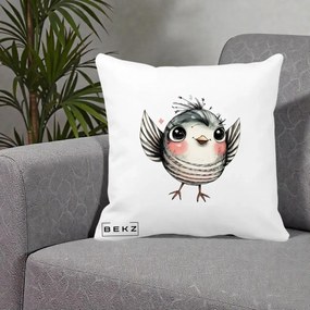 Perna Decorativa Pasare Gri cu Aripi si Inimioare, 40x40 cm, Alba Mata, Husa Detasabila, Perna Inclusa, BEKZ®