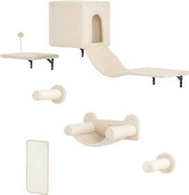 PawHut Set de Catarare pentru Pisici de Perete 6 Piese cu Condominiu Platformă Hamac Scări și Placă de Zgâriat Bej | Aosom Romania